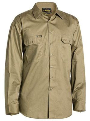 The Bisley Cool Lightweight Shirt is a khaki-colored, long-sleeved, durable shirt made from drill cotton. It includes two chest pockets, a collar, and mesh ventilation for added comfort, displayed on a white background.