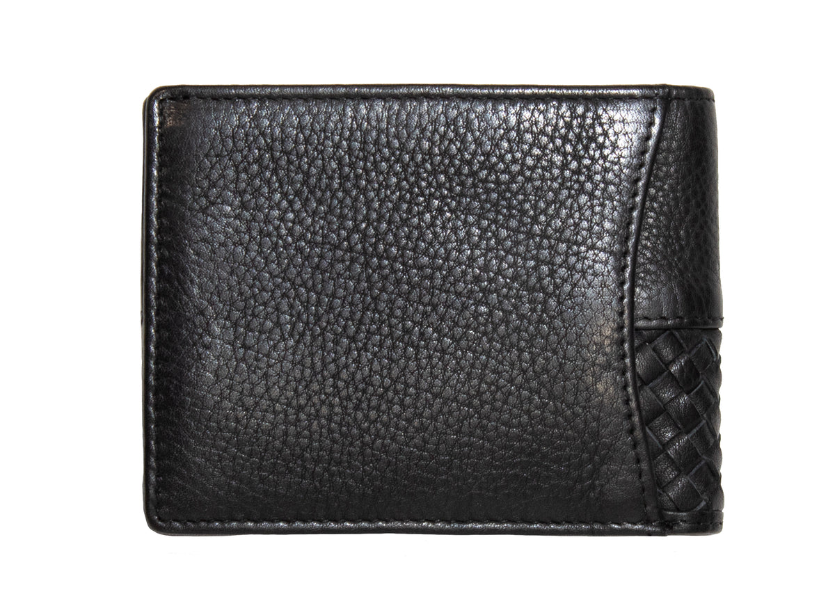 The Pierre Cardin Men's Wallet is a black leather accessory with a textured pattern made from genuine Italian leather and includes RFID protection. It features a woven design on the right side and is shown closed against a plain white background.