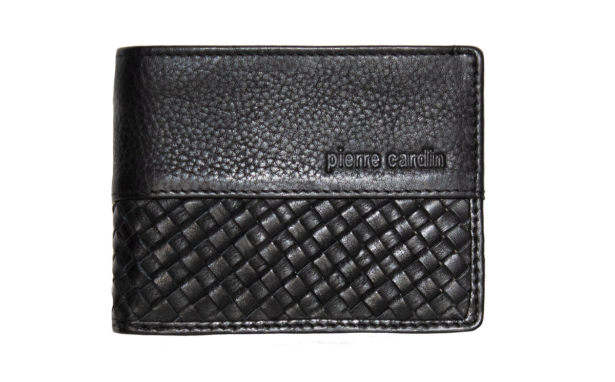 The Pierre Cardin Men's Wallet is a sleek, black design crafted from genuine Italian leather and sports a textured woven lower half. "Pierre Cardin" is elegantly embossed on the upper right, combining timeless style with RFID protection for your essentials.