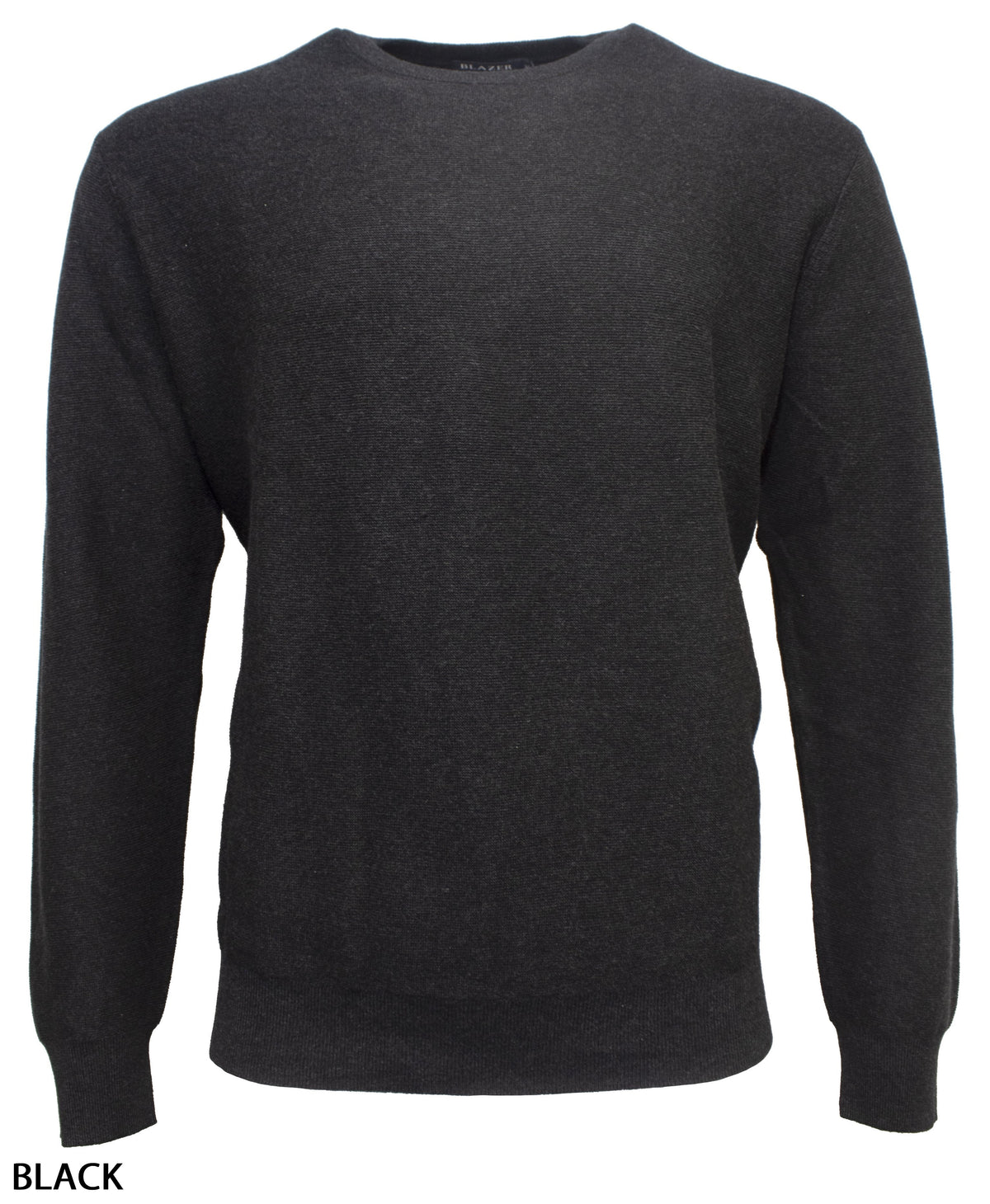 The Blazer Mason Cotton Fashion Crew Neck jumper is plain, long-sleeved, black, and regular fit with a crew neckline, shown on a white background. "BLACK" is displayed in the lower left corner.