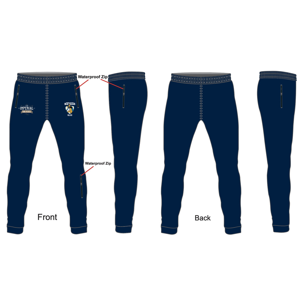 Bombala Blue Heelers Fleece Trackpant in navy blue shown from all angles. Features waterproof zippered pockets, white waistband detailing, and left thigh logo/text. Pre-order available; minimum order quantity applies.