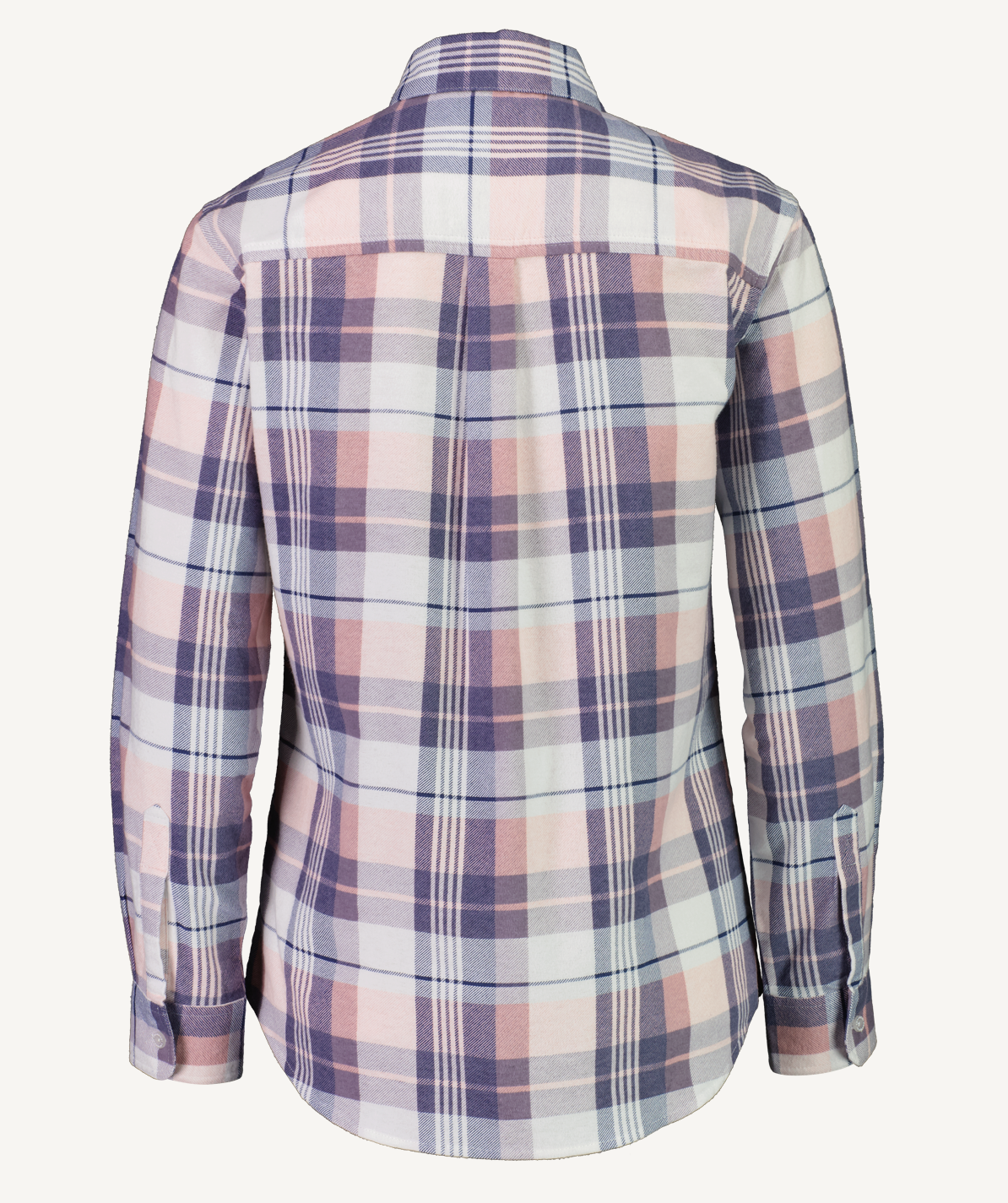 The Swanndri Women's Egmont Flannelette Twin Pack shirt displays a back view with a charming plaid pattern in blue, white, and pink. Made from brushed cotton, it features buttoned cuffs and a straight hem for a classic look.