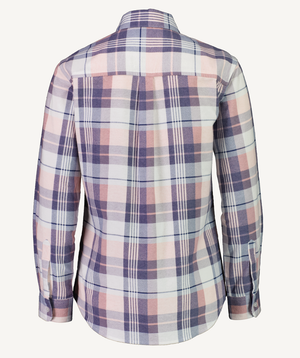The Swanndri Women's Egmont Flannelette Twin Pack shirt displays a back view with a charming plaid pattern in blue, white, and pink. Made from brushed cotton, it features buttoned cuffs and a straight hem for a classic look.