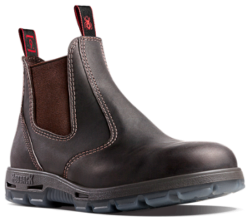 Introducing the Redback UBOK Bobcat Soft Toe, a dark brown leather Chelsea work boot with a durable leather upper, elastic side panels, and convenient pull tabs at the front and back. This boot is accentuated by red stitching details and boasts a rugged rubber sole for reliable traction.