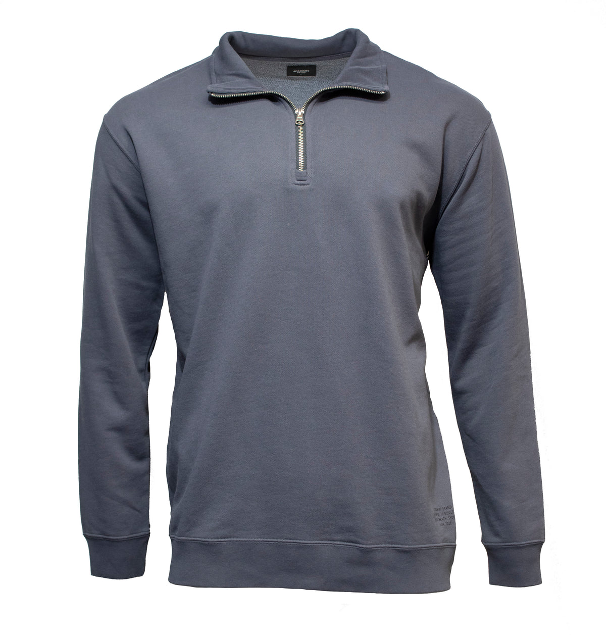 A plain, long-sleeved Academy Brand Bondi 1/2 Zip Sweat in blue/black with a stand-up collar and ribbed cuffs, displayed on a white background.