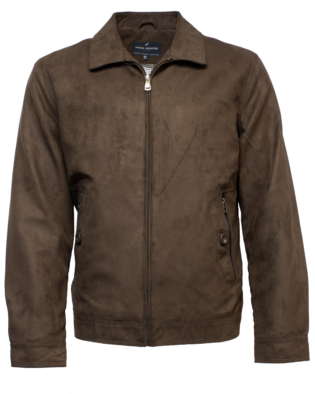 The Boston Colin Jacket is a brown suede masterpiece featuring a front zipper, two zippered pockets, buttoned cuffs, and long sleeves. With a classic collar and contrast lining to enhance its soft texture, this stylish jacket offers a relaxed fit suitable for various occasions.