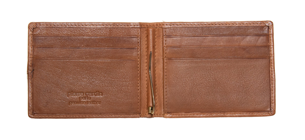 Pierre Cardin men's brown leather wallet features RFID protection, multiple card slots on both sides, a central compartment for bills or receipts, and genuine Italian leather with smooth, slightly textured finish and a stamped logo on the left.