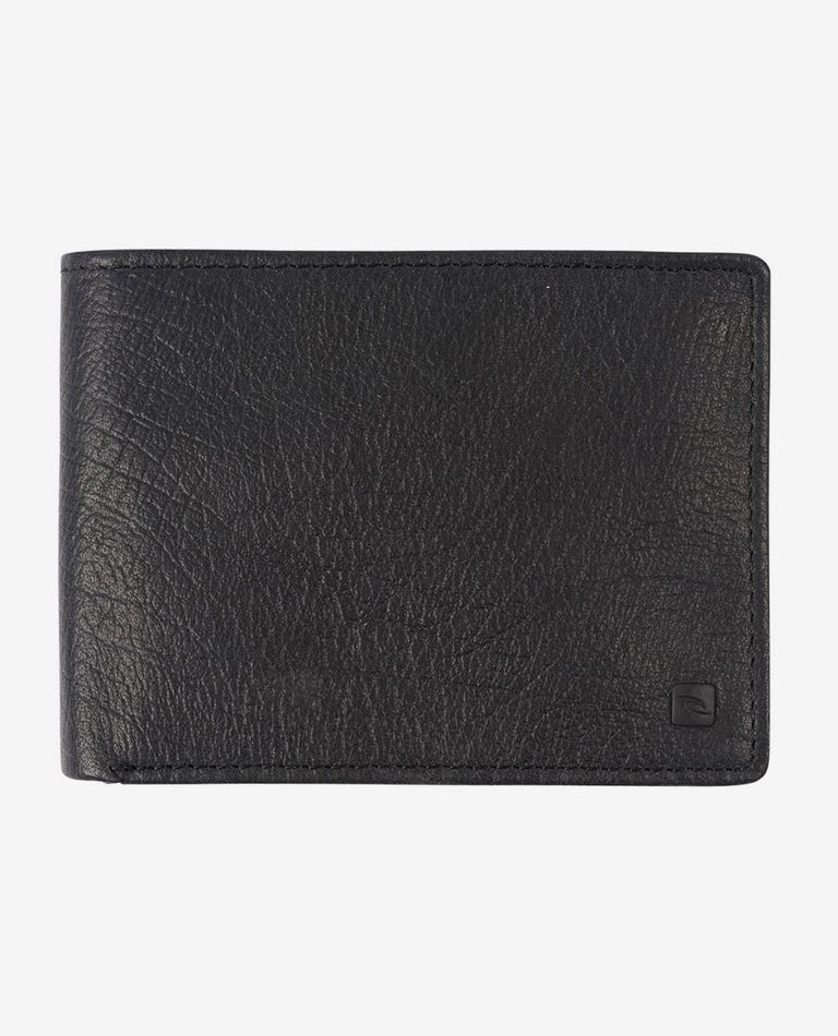 Introducing the Rip Curl K-Roo RFID All Day Wallet, a black bi-fold wallet crafted from luxurious kangaroo leather featuring a subtle textured finish. This minimalist design is free from visible logos, apart from a small embossed emblem in the bottom right corner, ensuring an elegant look. Additionally, it offers RFID protection to keep your cards secure. The background is plain white.