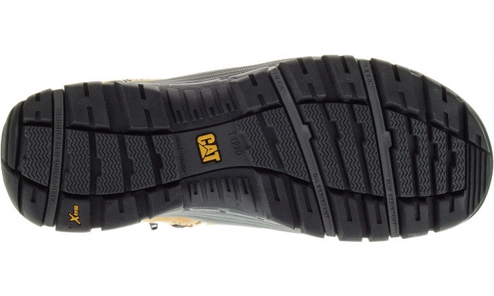 The image shows the sole of a CAT Convex Zip Steel Toe Mid Work Boot in black. The tread pattern features multiple grooves and ridges for grip, emphasizing its slip-resistant quality. The brand name "CAT" is prominently displayed in yellow near the center, and the sole design suggests durability and robustness ideal for steel toe footwear.
