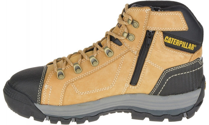 Introducing the CAT Convex Zip Steel Toe Mid Work Boot: a durable tan and black work boot featuring metal eyelets, laces, and a convenient side zipper. Designed with a rugged, slip-resistant sole and reinforced stitching for enhanced durability, this boot also showcases a visible brand logo near the ankle. Crafted from full grain leather, it's built to withstand tough working conditions.
