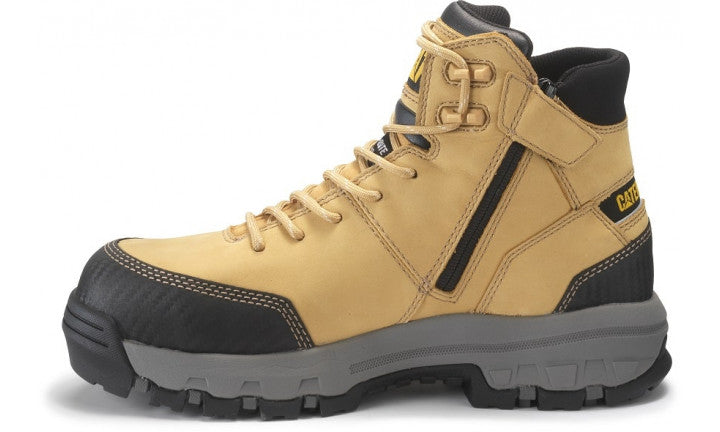 The CAT Device Zip WP CT is a tan and black work boot featuring a thick grey outsole, visible laces, and a side zipper. Branded with the word "CAT" on the side, this boot boasts reinforced toe and heel areas, a composite toe for added safety, and is designed to be slip-resistant for durability and heavy-duty use.