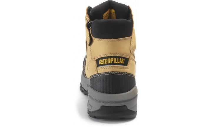 Rear view of the CAT Device Zip WP CT work boot in tan and black, highlighting the "Caterpillar" brand name stitched in yellow on the back. The boot features a rugged sole and sturdy construction typical of safety footwear, with slip-resistant properties for enhanced security.