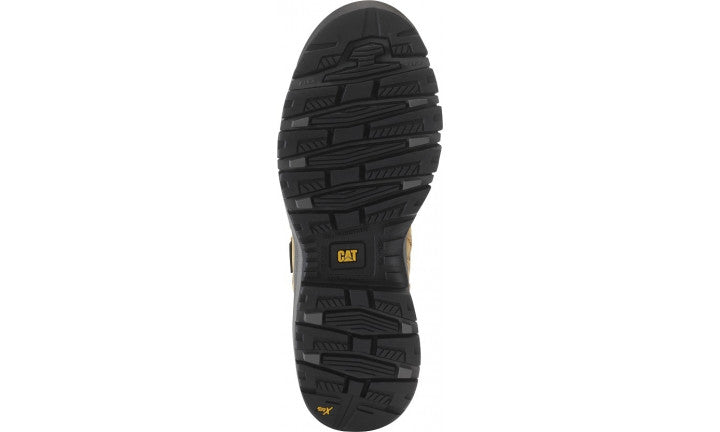The image displays the bottom view of a black outsole from the CAT Device Zip WP CT rugged boot. It prominently features yellow branding with the letters "CAT" and the word "SRX" on the slip-resistant tread. The tread pattern is engineered for durability and superior traction.