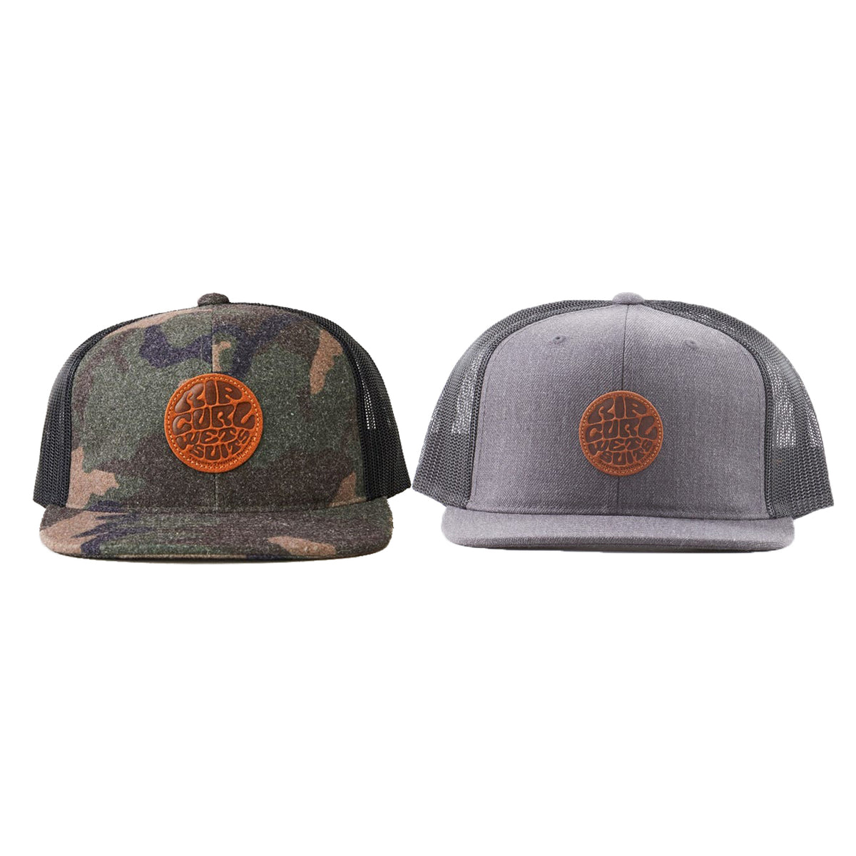 Two Rip Curl Premium Wetty Trucker caps are displayed side by side. The cap on the left features a camouflage pattern, while the one on the right is solid grey with a mesh back. Both caps have adjustable straps and are adorned with a round leather patch with a logo at the center front.