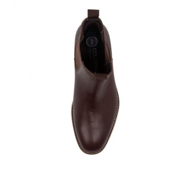 Top view of a single brown Colorado Brumby Boot, showcasing a smooth, polished leather finish, elastic sides, a rounded toe, and a pull tab at the back. The interior is visible with branding text that reads "Colorado" on the insole.