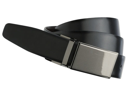 The Buckle Heritage Belt is a genuine leather creation featuring a sleek, rectangular silver buckle. Coiled neatly, it highlights the smooth texture and modern design of both the belt and the buckle. This men's reversible belt is meticulously crafted for style-conscious individuals seeking perfection.