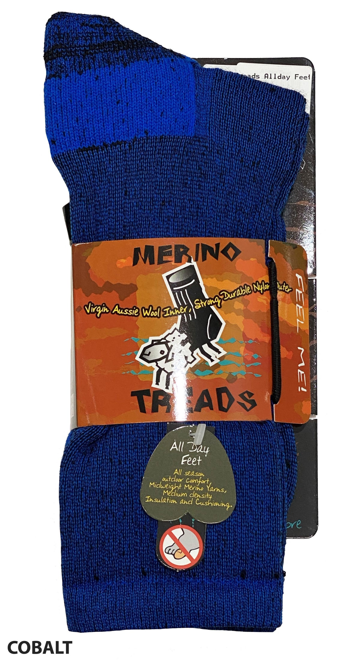 A package of Merino Treads Allday Feet socks in blue, labeled "Virgin Aussie Wool Inside!" and designed as the perfect outdoor everyday sock. The packaging features an illustration of a sheep with "FEEL ME!" and "All Day Feet." These durable Merino wool socks boast multiple layers, including insulation and cushioning.