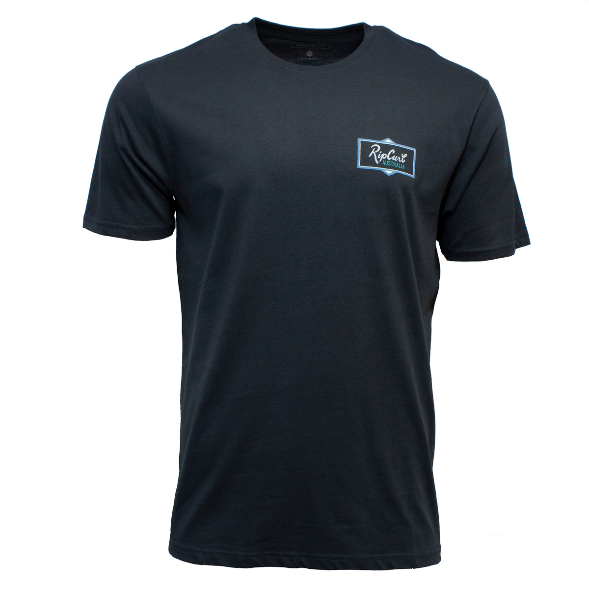 The Rip Curl Crescent Desto Tee is a plain black, 100% cotton T-shirt with a small, rectangular white and blue "Rip Curl" logo on the left chest, shown on a white background.