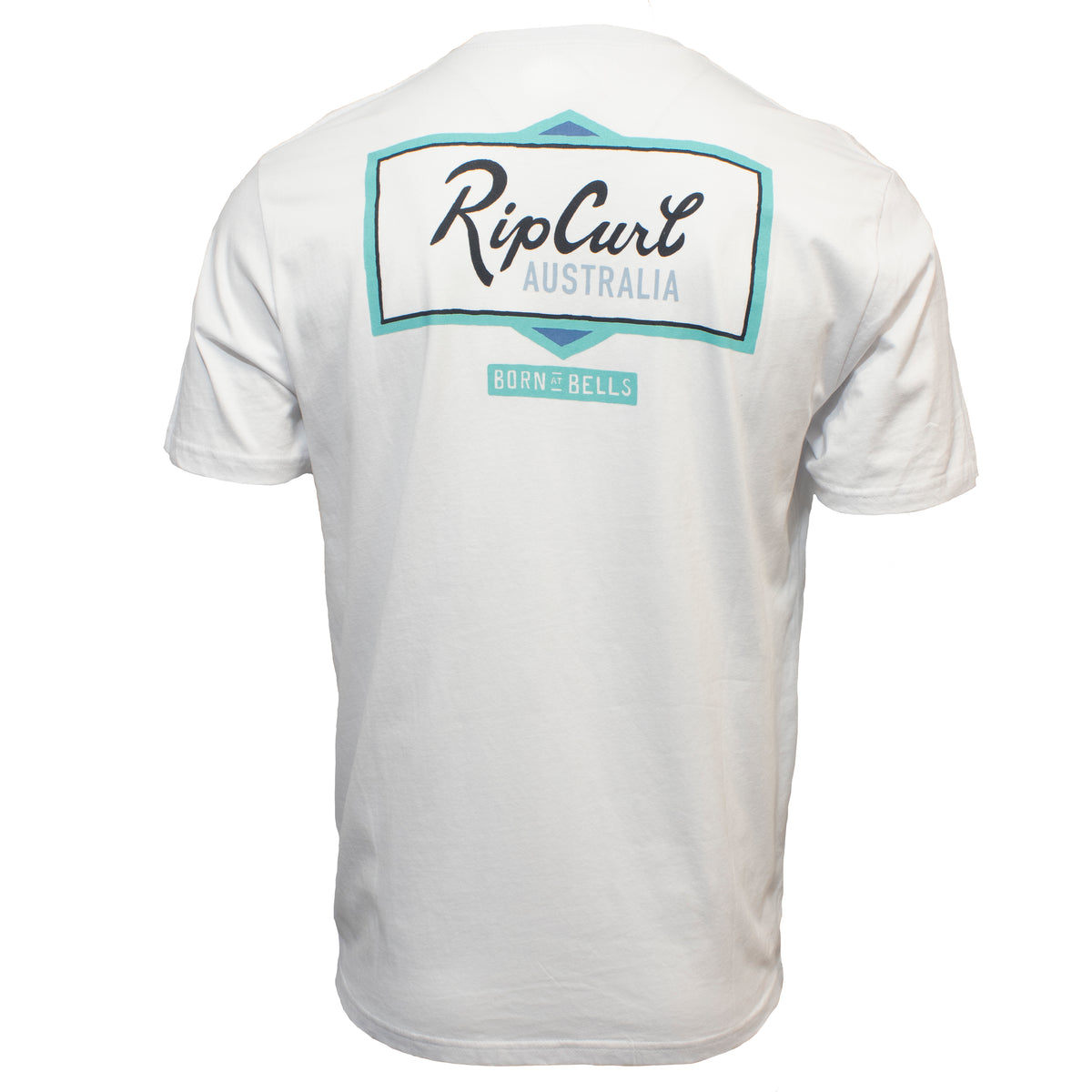 The Rip Curl Crescent Desto Tee is a white, short-sleeved 100% cotton T-shirt showing the back, with a blue and green outlined rectangle, "Rip Curl Australia" text, and a "Born at Bells" label below for comfort and style.
