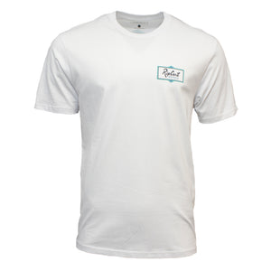 The Rip Curl Crescent Desto Tee is a plain white 100% cotton casual T-shirt featuring a small Rip Curl logo in a teal-bordered rectangle on the left chest, shown on a white background.