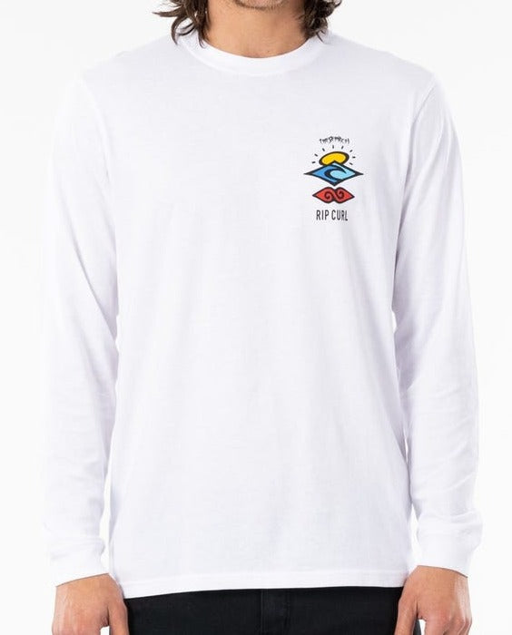 Wearing the Rip Curl Search Icon Long Sleeve Tee, one enjoys an abstract colorful wave design on the chest with "RIP CURL" and "Live The Search" text above it, all on a plain white organic cotton background.