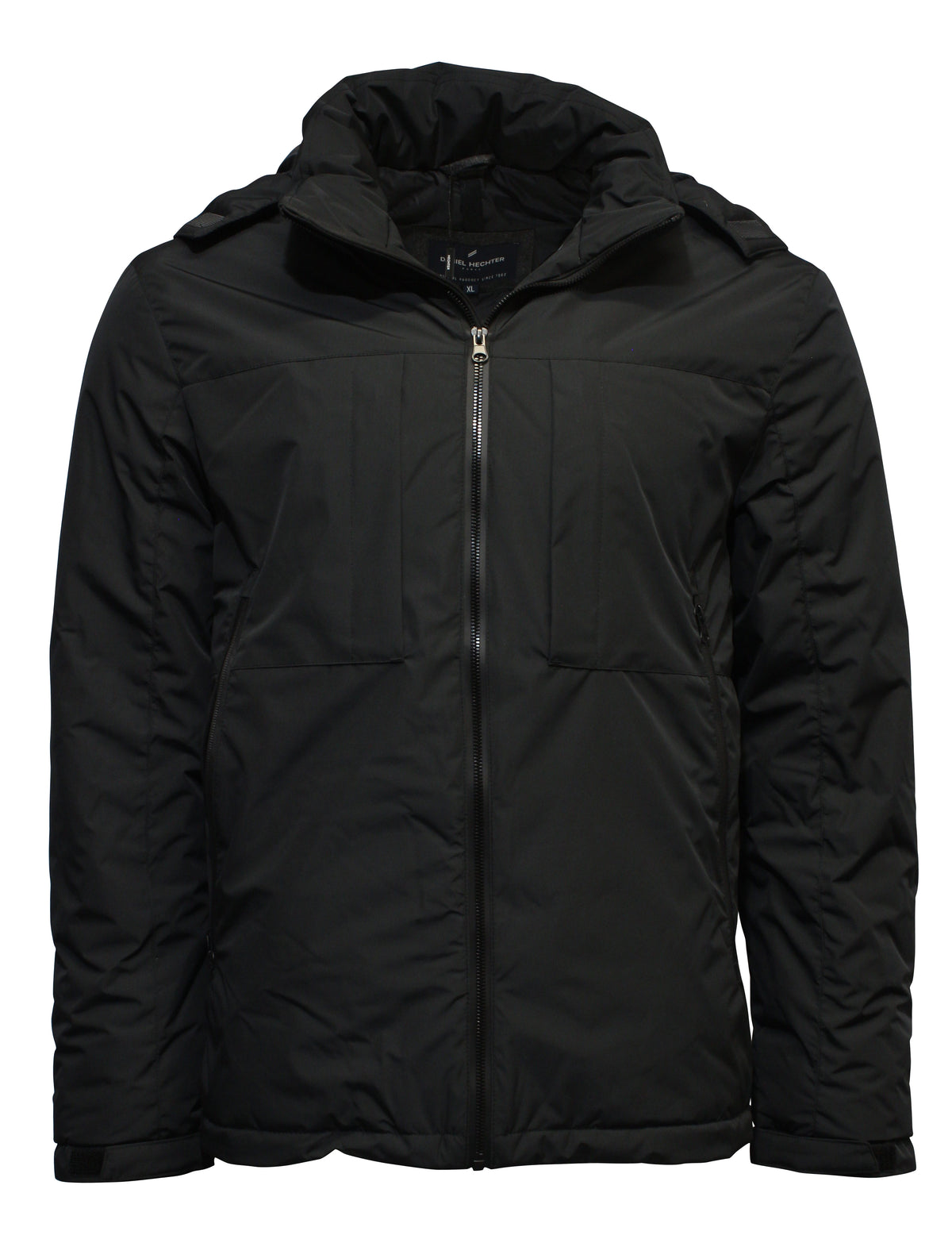 The Daniel Hechter Cycle Jacket is a black hooded puffer with a front zipper and two chest pockets. Its sleek quilted design and polyester padding provide warmth and style, while adjustable cuffs ensure a perfect fit for any outing.
