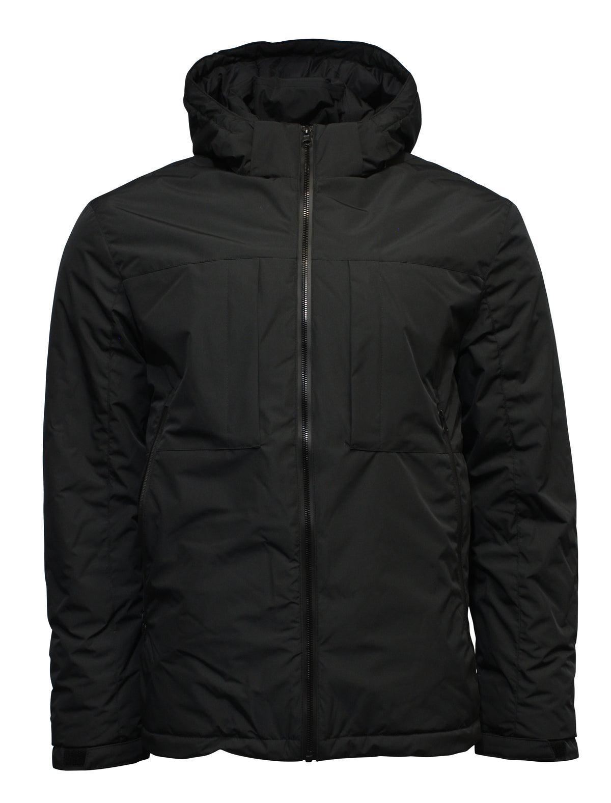 The Daniel Hechter Cycle Jacket, in black, features a front zipper, hood, two chest pockets, and a quilted design with polyester padding for cold weather. This casual winter jacket also includes adjustable cuffs for added comfort.
