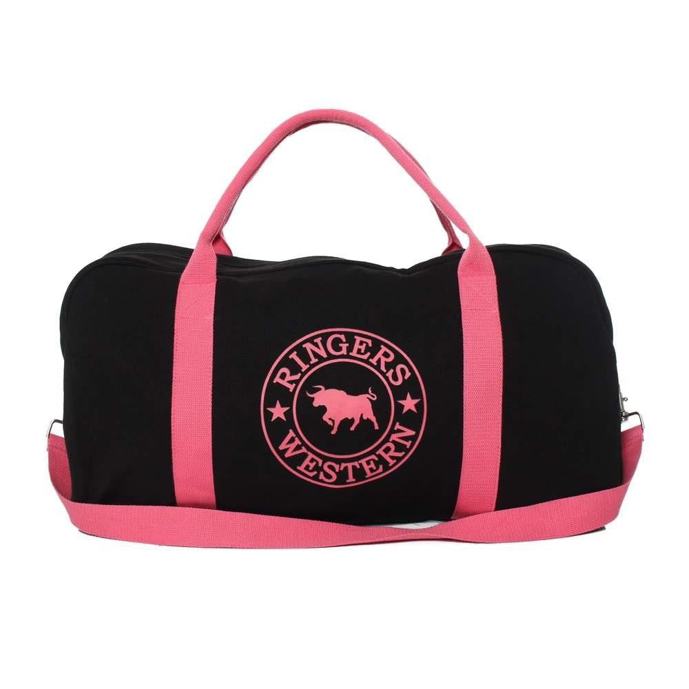The Ringers Western Gundagai Duffle is a black cotton canvas bag with pink handles and straps, featuring the "Ringers Western" logo in pink on the front, which includes the text "RINGERS WESTERN" around a silhouette of a bull.