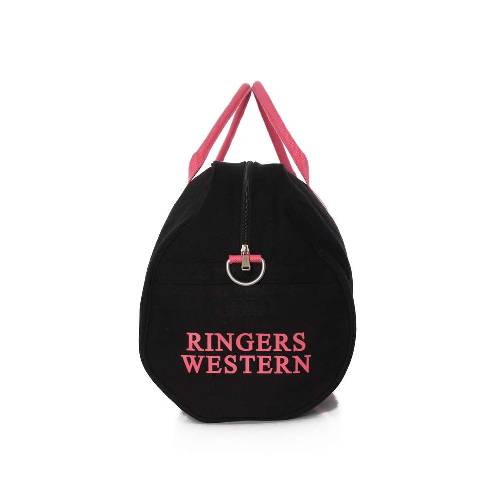 Introducing the Ringers Western Gundagai Duffle: a black cotton canvas duffel bag featuring pink handles and the words "Ringers Western" printed in pink on the side. This stylish bag also boasts a zipper closure with a small metal ring attached to the zipper pull. The short handles are conveniently positioned at the top for easy carrying.