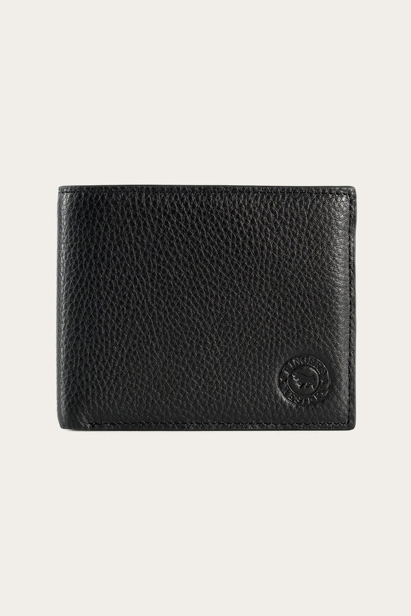 A black Ringers Western Duke Wallet made from genuine leather with a textured finish is displayed against a plain, off-white background. The wallet features a small circular embossed logo in the bottom right corner.