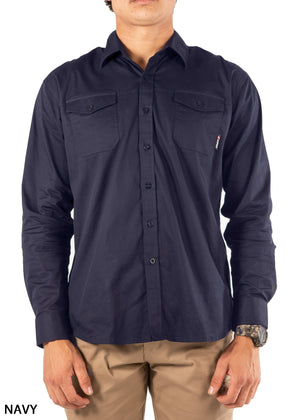 A person wearing the UNIT Craftman Stretch Shirt in navy blue cotton with two chest pockets, a collar, buttoned cuffs, "NAVY" on the lower left corner, and paired with beige pants.