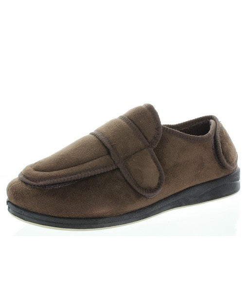 A single Panda Edison Slipper in brown with a velcro closure is displayed. This comfortable slipper features a soft, plush texture, a black sole, and a rounded toe. The strap folds over the top of the foot to provide a secure fit. Additionally, the memory foam sole enhances comfort for everyday wear.