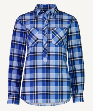 The Swanndri Womens Egmont Flannelette Twin Pack includes classic long-sleeve, button-up shirts made from soft brushed cotton in a blue plaid pattern, featuring two chest pockets and a collar for timeless comfort and style.