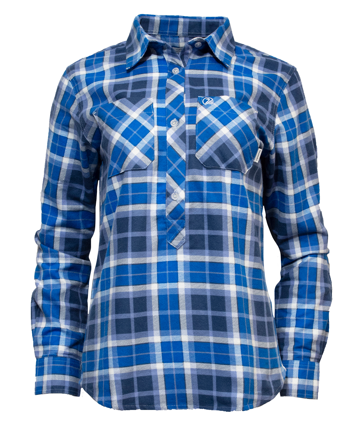 The Swanndri Womens Egmont Flannelette Twin Pack includes a blue and white plaid button-up shirt made from soft flannelette with long sleeves and two chest pockets.