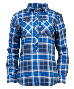The Swanndri Womens Egmont Flannelette Twin Pack includes a blue and white plaid button-up shirt made from soft flannelette with long sleeves and two chest pockets.