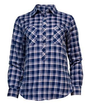 The Swanndri Women's Egmont Flannelette Twin Pack includes a long-sleeved blue and white plaid shirt crafted from soft brushed cotton, featuring buttoned cuffs, two chest pockets, a pointed collar, and a half-button front.