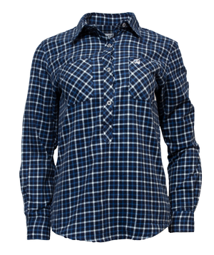 The Swanndri Womens Egmont Flannelette Twin Pack includes a blue and white checkered long-sleeve shirt with button-up front, brushed cotton fabric, and two chest pockets with button closures.