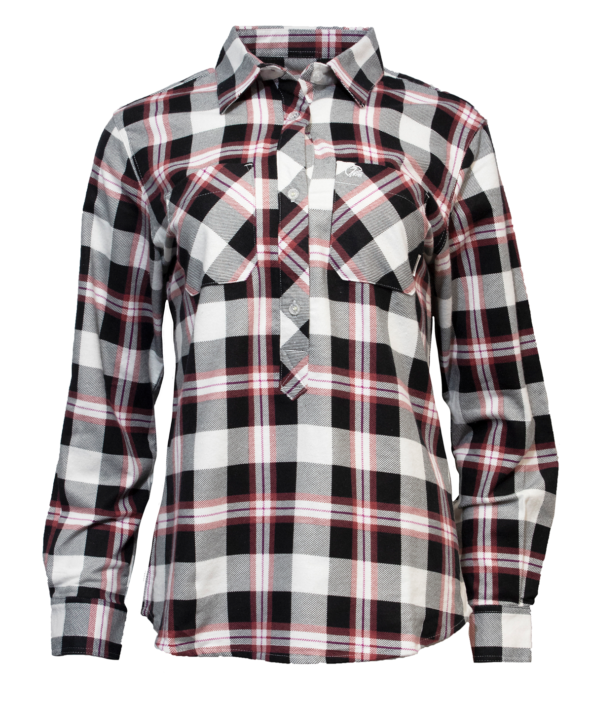 The Swanndri Women's Egmont Flannelette Twin Pack includes a long-sleeve shirt with a classic black, white, and red plaid pattern. Made from soft brushed cotton, it has two chest pockets with button closures and a sleek collar.