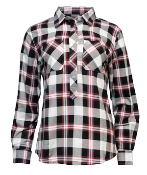 The Swanndri Women's Egmont Flannelette Twin Pack includes a long-sleeve shirt with a classic black, white, and red plaid pattern. Made from soft brushed cotton, it has two chest pockets with button closures and a sleek collar.
