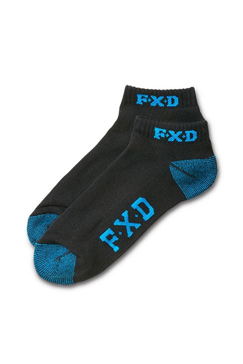 The FXD SK-3 Ankle Sock 5 Pack features black ankle socks accented with blue on the heel and toe. "FXD" is printed in blue on the top of the foot and near the ankle of each sock. Designed for durability, these socks include a padded foot bed for comfort and superior arch support to keep you comfortable all day long.