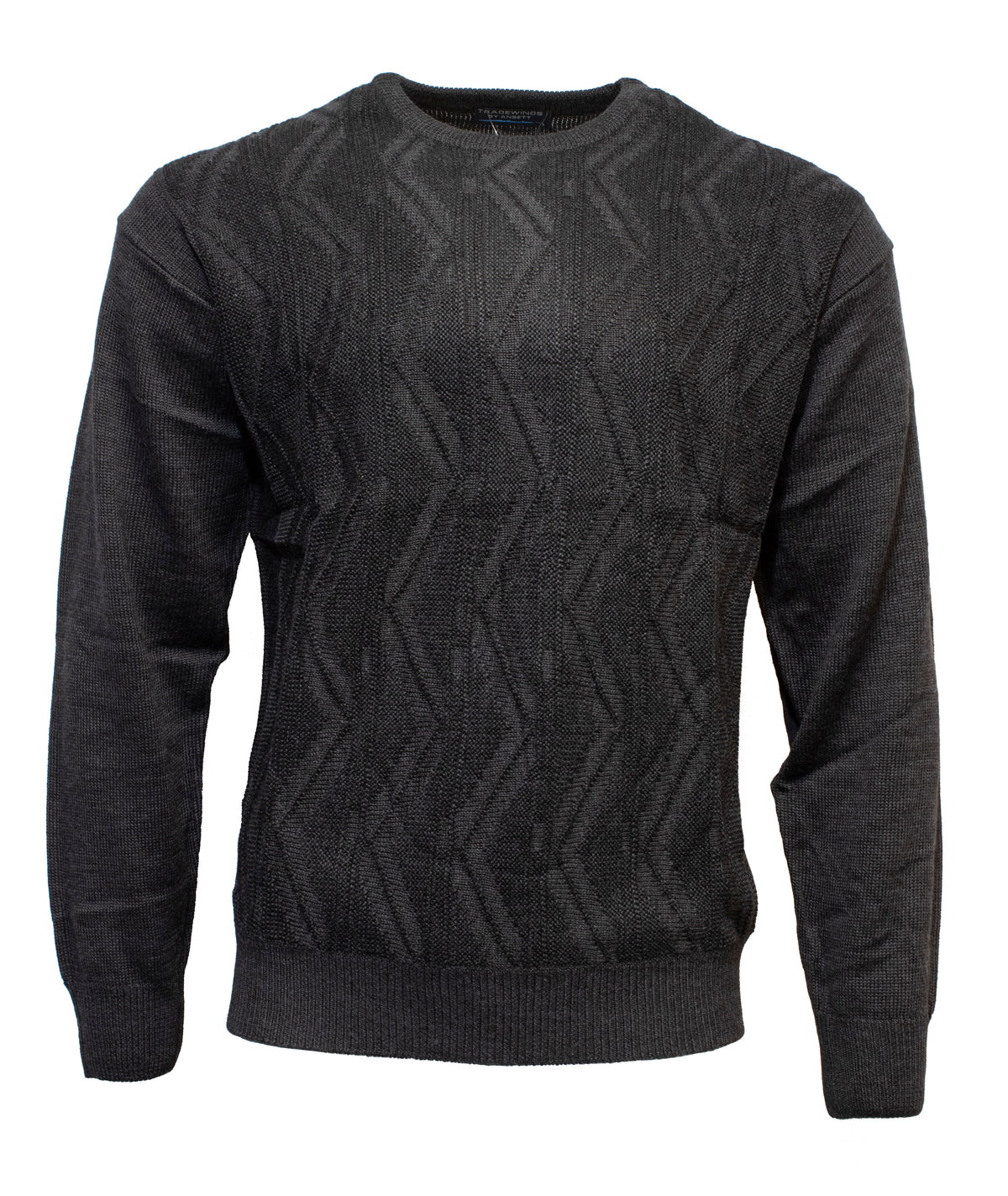 The Ansett Tradewinds Wool Blend Crew Knit is a dark gray, long-sleeved sweater with a crew neck and features a textured knit plus a subtle geometric zigzag pattern on the front.