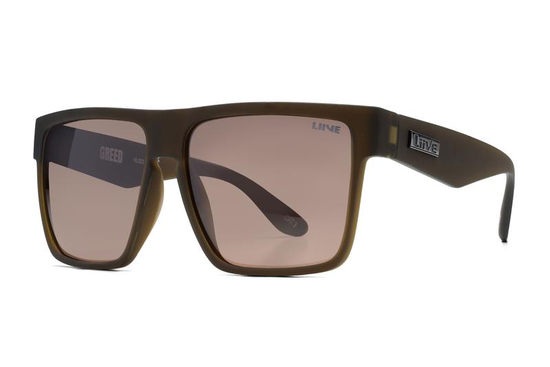 A pair of Liive Greed Polar Sunglasses with a matte brown frame and rectangular, polarised polycarbonate lenses. The brand name "LIVNE" is visible on the upper part of the left lens and the left temple arm, offering UV protection for your eyes.