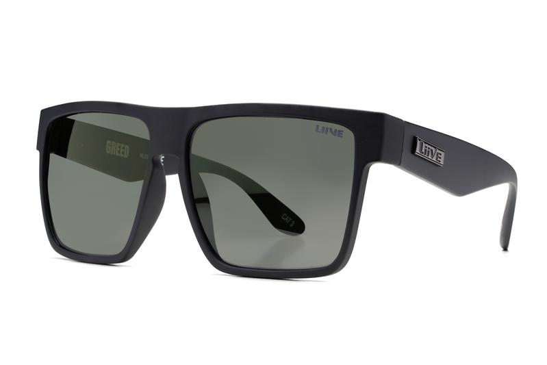 Introducing the Liive Greed Polar Sunglasses: A pair of black rectangular sunglasses featuring dark green, polarized lenses. The polycarbonate frame boasts angular edges and a slightly thick style. The brand name "LINE" is elegantly displayed in silver on the right temple. Designed for UV protection, these sunglasses offer a modern and sleek appearance.