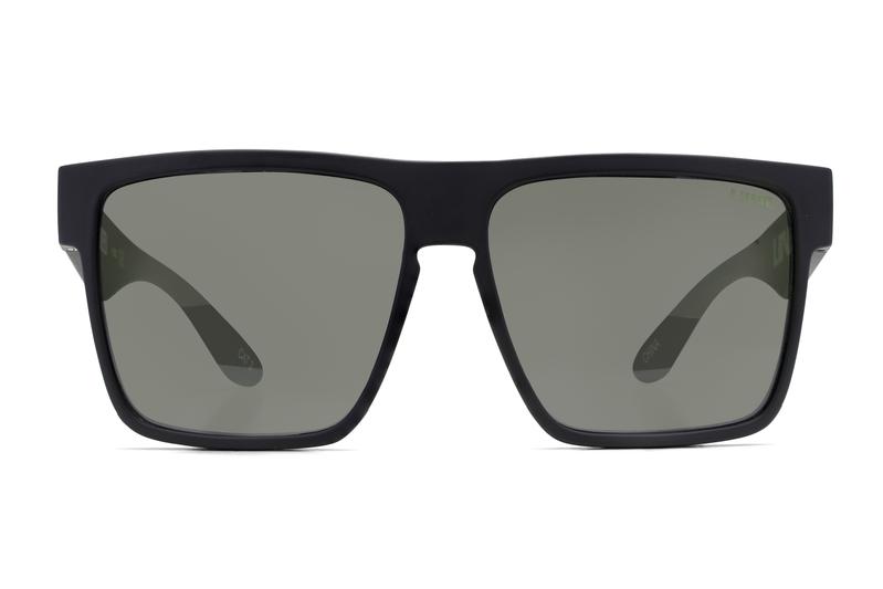 A front view of the Liive Greed Polar Sunglasses, featuring square-shaped black polycarbonate frames and dark polarized lenses.