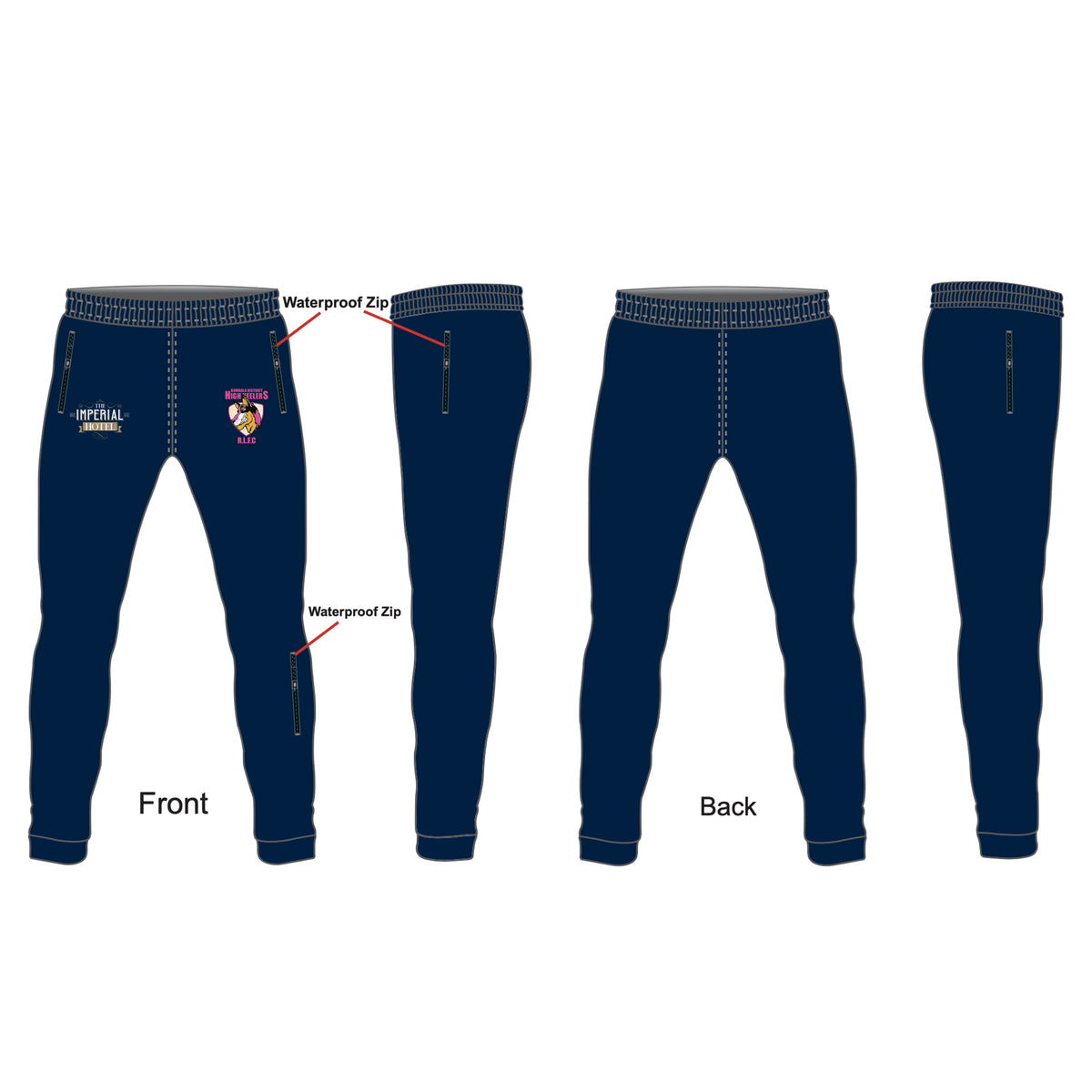 Bombala High Heelers Fleece Trackpant joggers in navy blue shown from front, back, and side, with “Waterproof Zip” labels on two pockets and two embroidered logos. Pre-order available; minimum order quantity applies.