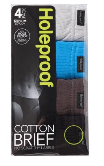 Packaging of a 4-pack Holeproof Hipster Briefs in medium size (85-100 cm). The package displays three men's underwear in white, blue, and brown, with "No Scratchy Labels" written on the front. The brand name Holeproof Heroes is prominently featured in green text on a black background.