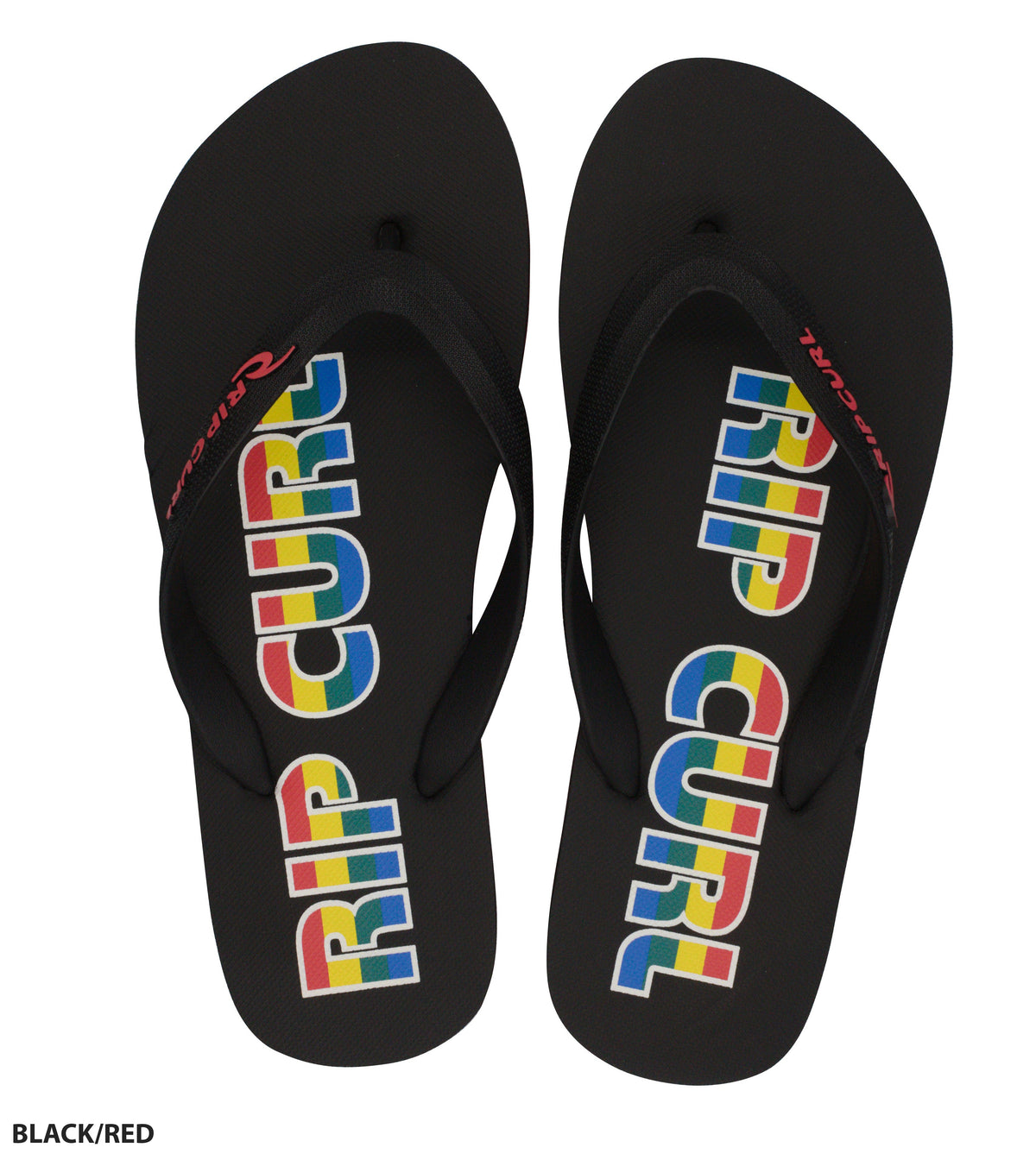 The Rip Curl Icons Thongs feature a premium EVA rubber footbed with multicolor "RIP CURL" text in red, blue, yellow, and green. They have an ergonomic black molded strap with red lettering on the outside.