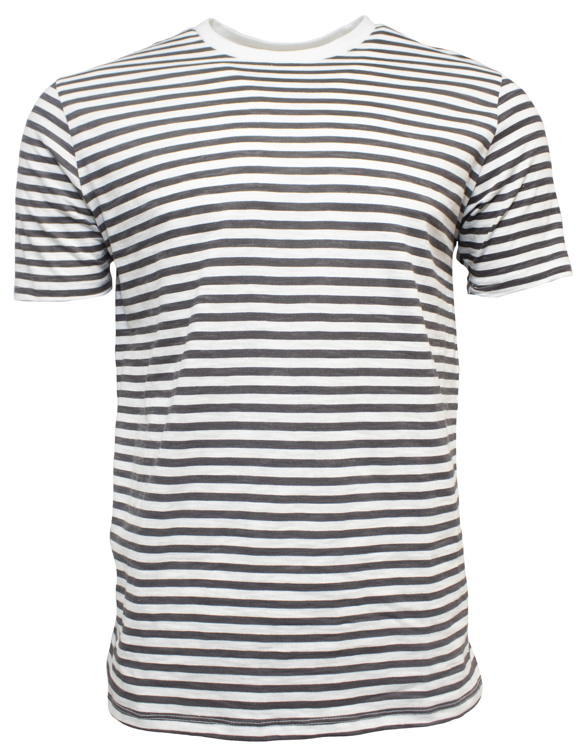 The Industrie The Kitts Stripe Tee is a stylish short-sleeve, crew neck t-shirt featuring a classic design with evenly spaced black and white horizontal stripes across the entire shirt, including the sleeves. This comfortable tee boasts lightweight fabric for a fitted look.