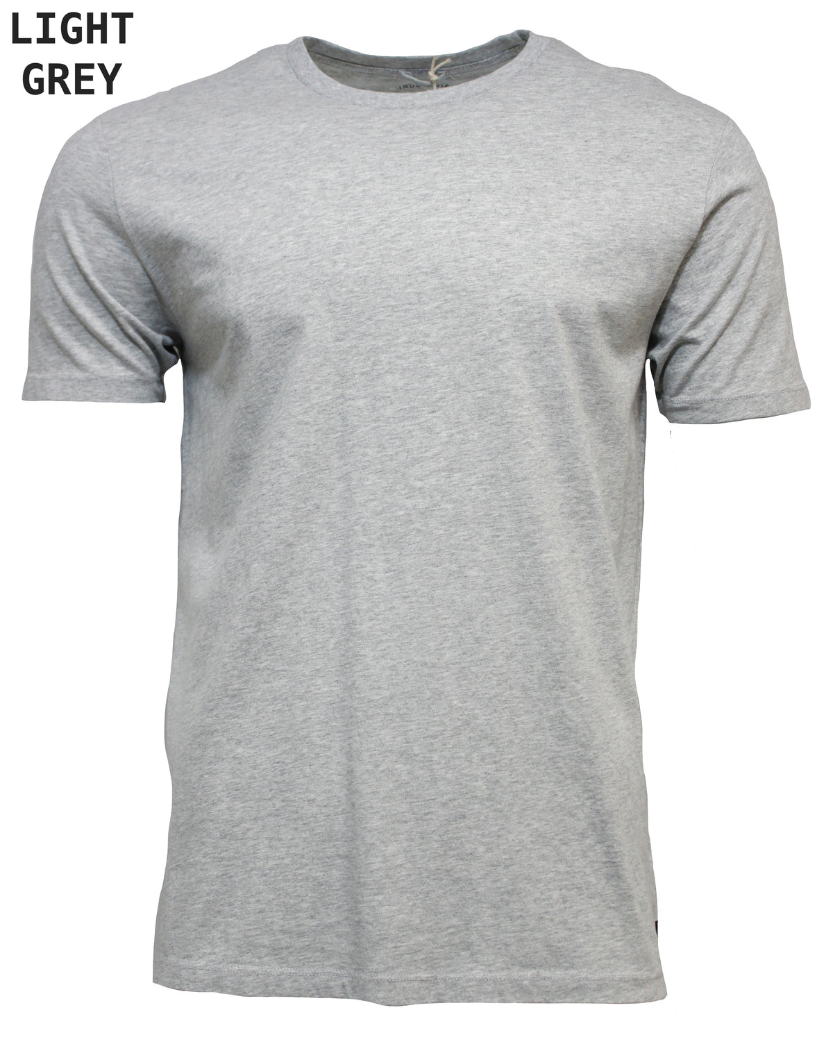 A plain light grey, 100% cotton short-sleeve t-shirt is depicted in the image. The Industrie The Basic Crew Tee features a simple design with no visible logos or patterns. The text "LIGHT GREY" is written in the top left corner of the image, highlighting its comfortable fit.