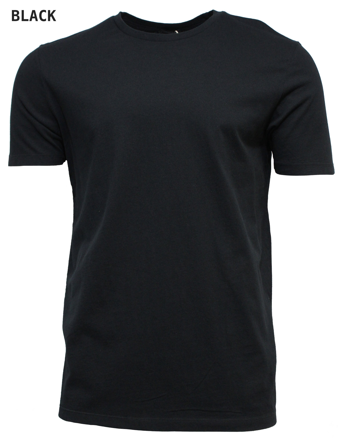 Plain black short-sleeve Industrie The Basic Crew Tee on a white background with the word "BLACK" written in the top left corner. This tee is crafted from 100% cotton for a comfortable fit.